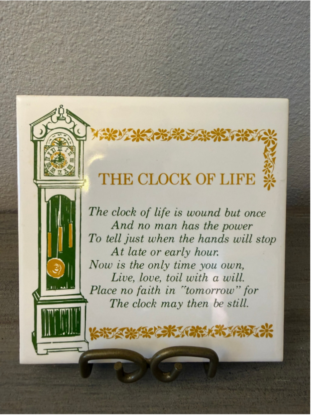 Retro 1970s Clock of Life Poem Tile Trivet, Santa Barbara Souvenir Wall Hanging